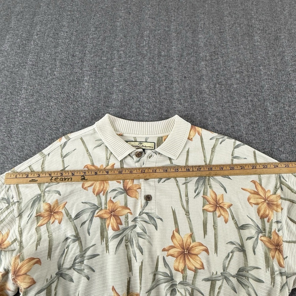 Tommy Bahama Polo Shirt Mens XL Silk Blend Hawaiian Floral Bamboo Beige - Picture 9 of 13